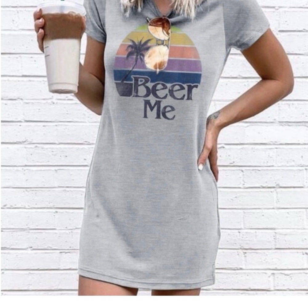 Beer Me Graphic T-Shirt Dress - Light Gray